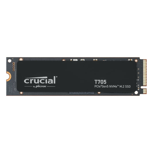 A Crucial T705 Gen5 M.2 NVMe SSD with black label and orange accents.