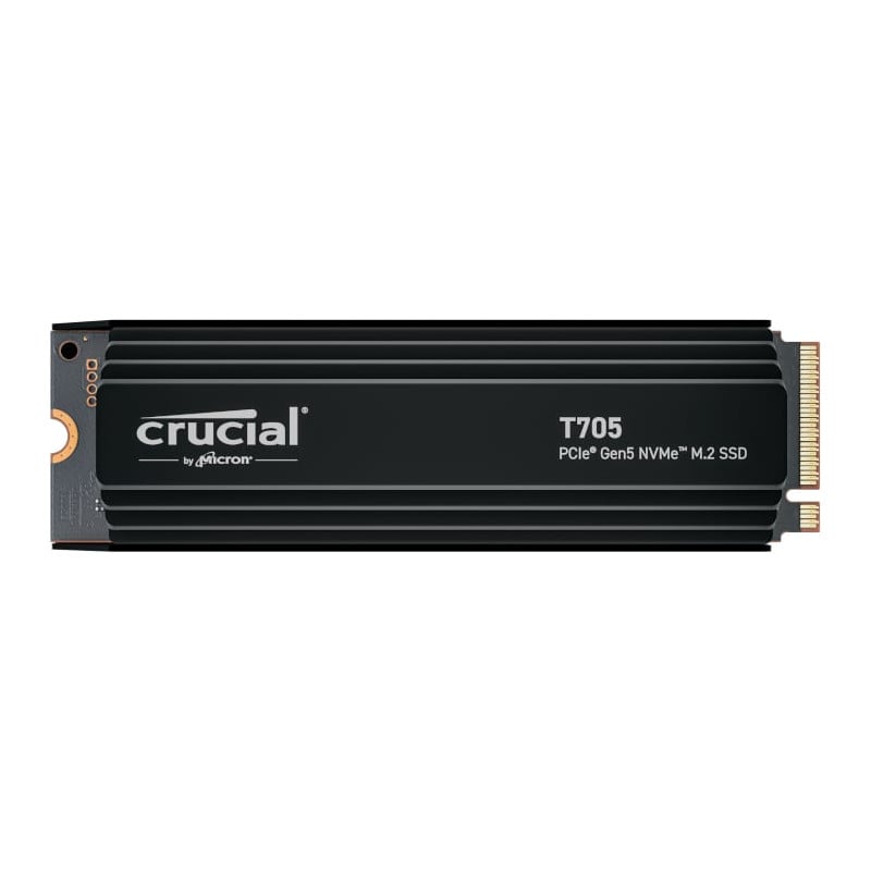 A black Crucial T705 Gen5 M.2 NVMe SSD with a heatsink.