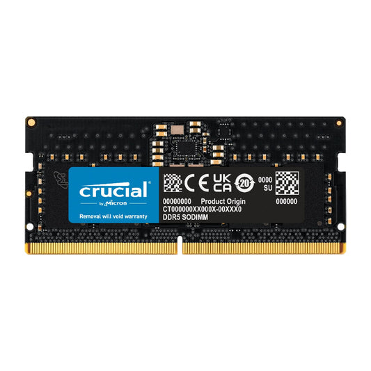 A Crucial by Micron DDR5 SODIMM notebook memory module with a black PCB and a blue Crucial by Micron label.