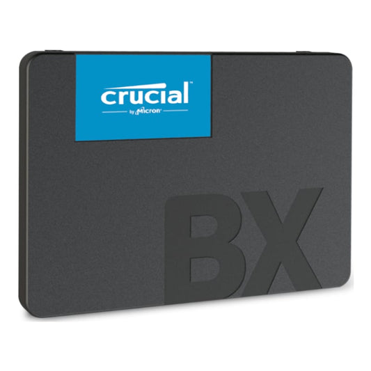 A black Crucial BX500 2.5 inch SATA SSD with a blue Crucial by Micron label on the top right corner.