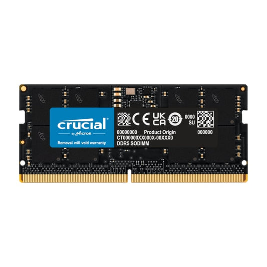 A Crucial by Micron DDR5 SODIMM laptop memory module with a blue sticker and a row of golden contact points.