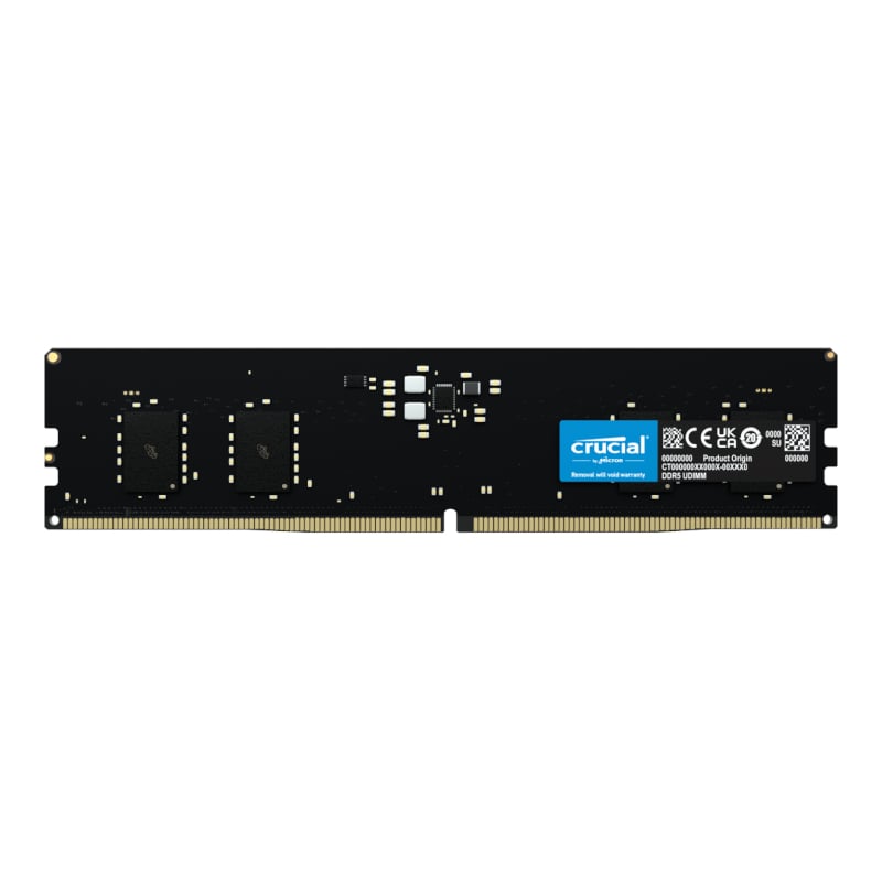A Crucial by Micron DDR5 desktop memory module with a row of silver-colored contact points on one side.