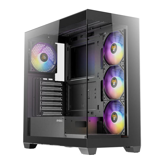 Antec CX300 ARGB ATX Gaming Chassis with a transparent glass side panel and RGB lighting on the fans.