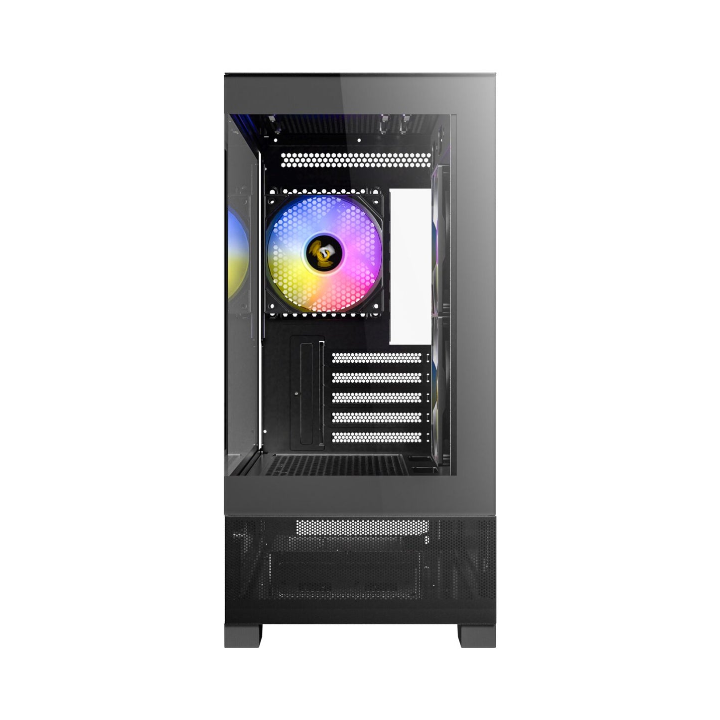 Computer case with a colorful RGB fan on a white background