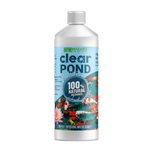 A bottle of Makhro Clear Pond water clarifier for ponds, with branding and information about the product.