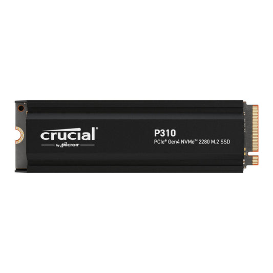 Crucial P310 M.2 NVMe SSD with Heatsink, 1TB storage capacity, in black color.