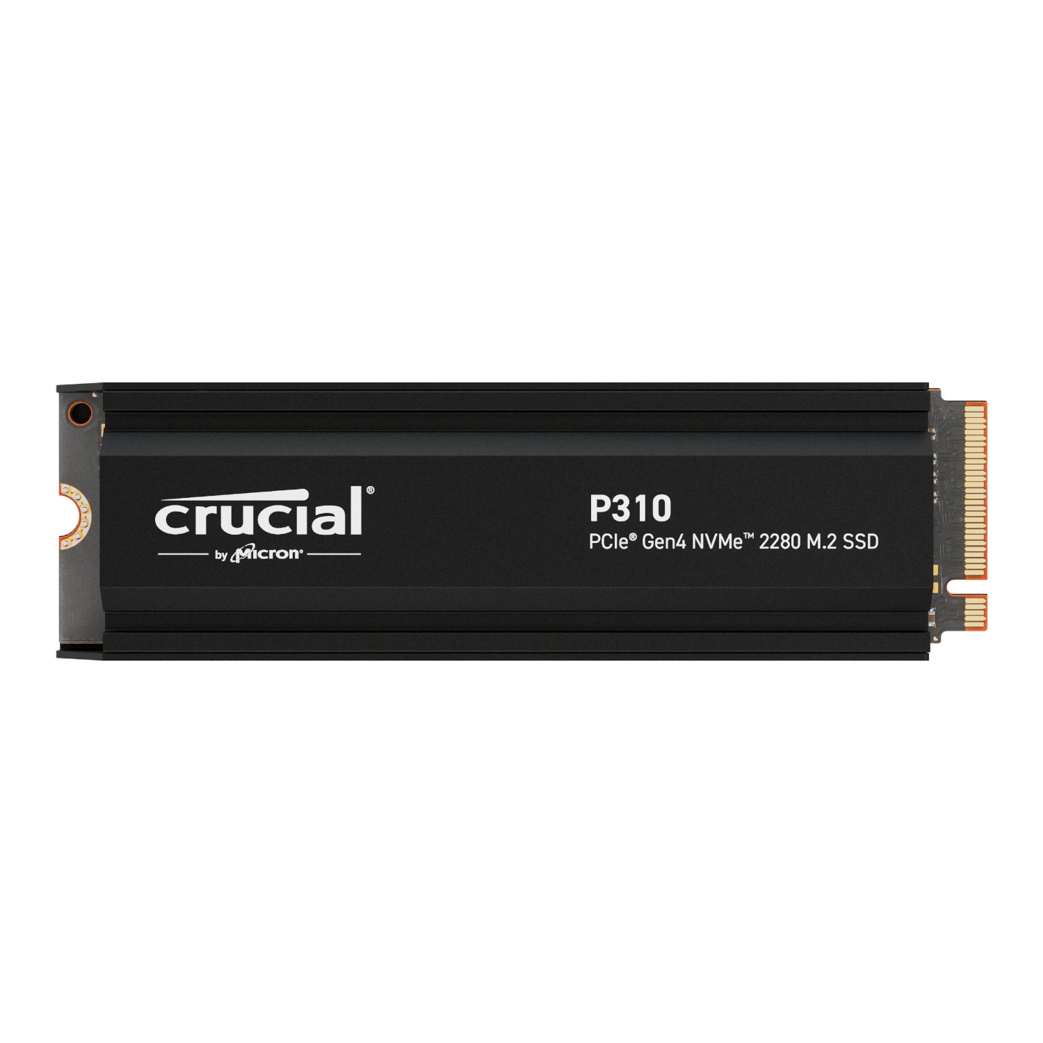 A black Crucial P310 M.2 NVMe SSD with a heatsink, displaying the capacity and technology details.