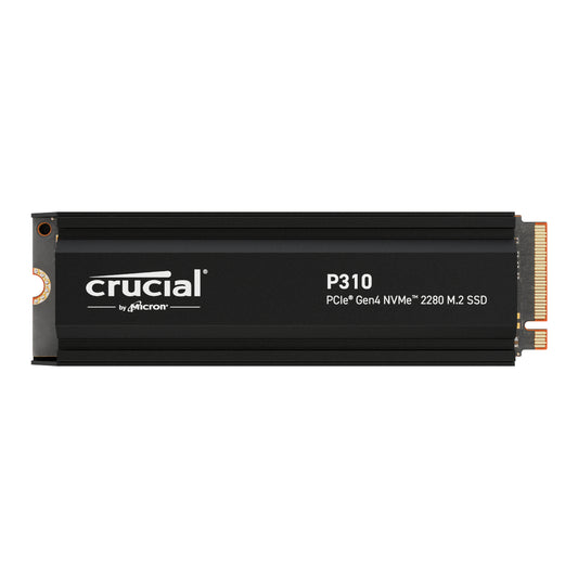 A black Crucial P310 M.2 NVMe SSD with a heatsink, displaying the capacity and technology details.