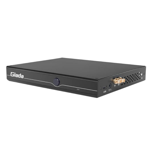 A black Giada digital signage player with multiple ports, including HDMI and USB, visible on the front panel.