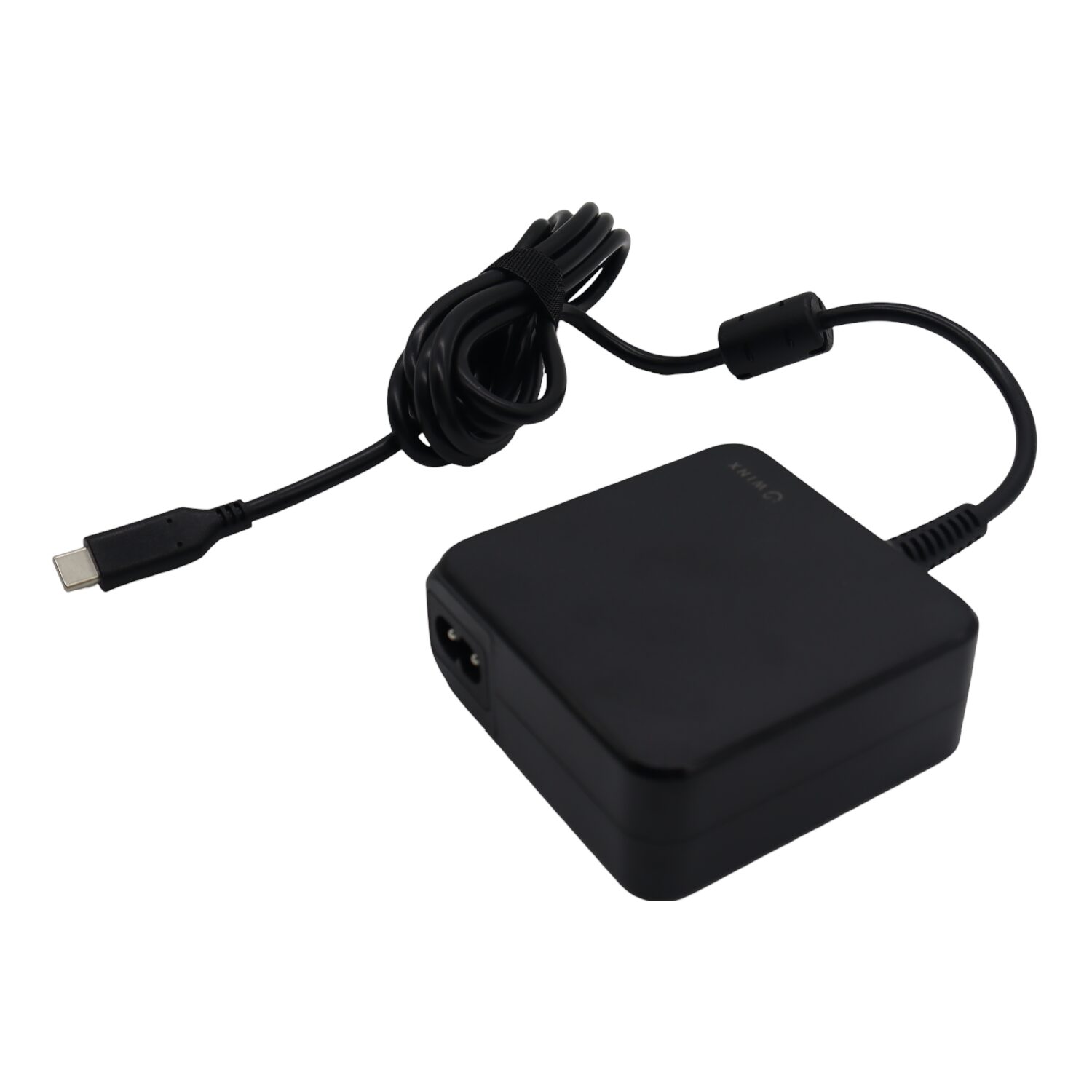 Black power adapter with USB cable on a white background