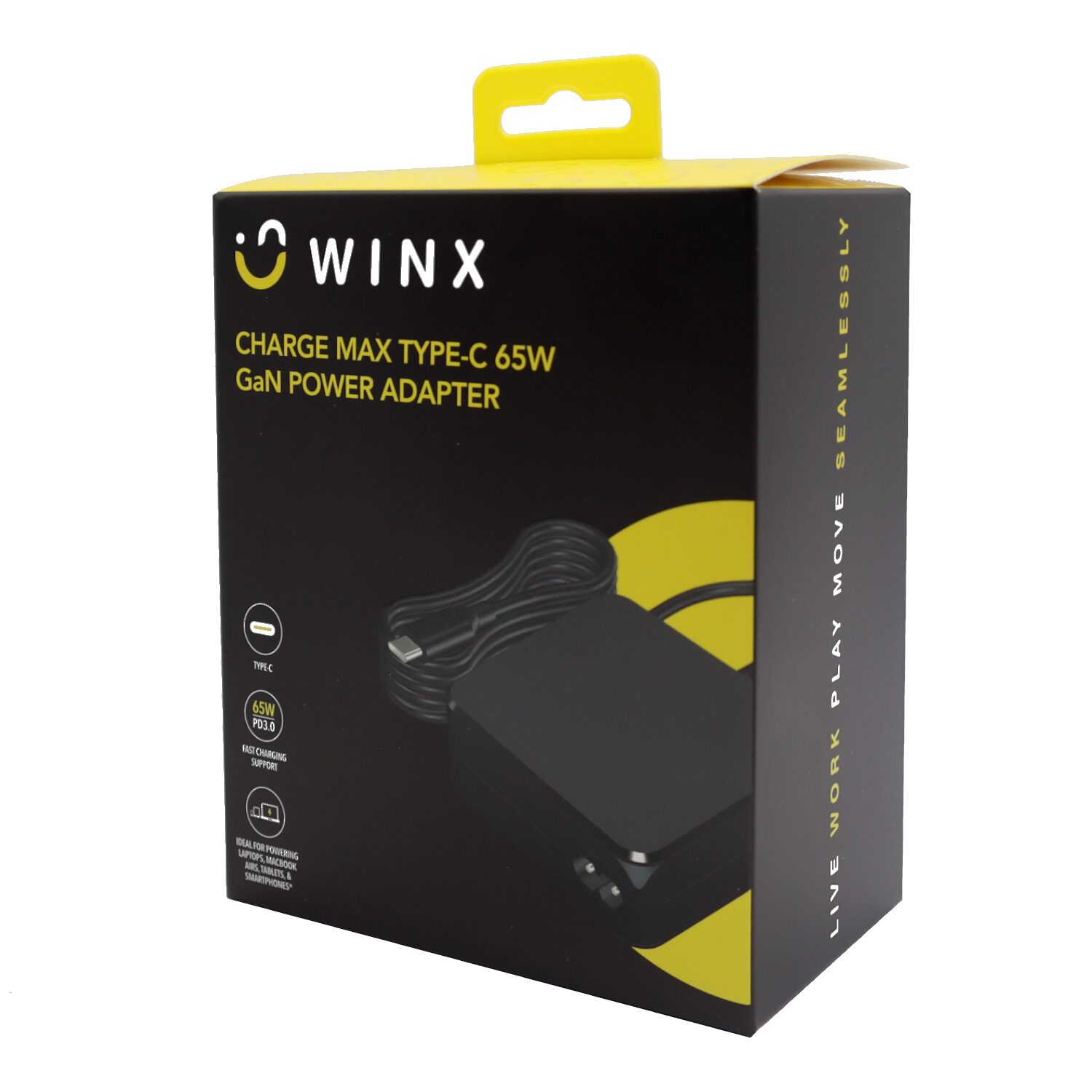 WINX power adapter packaging with black and yellow design