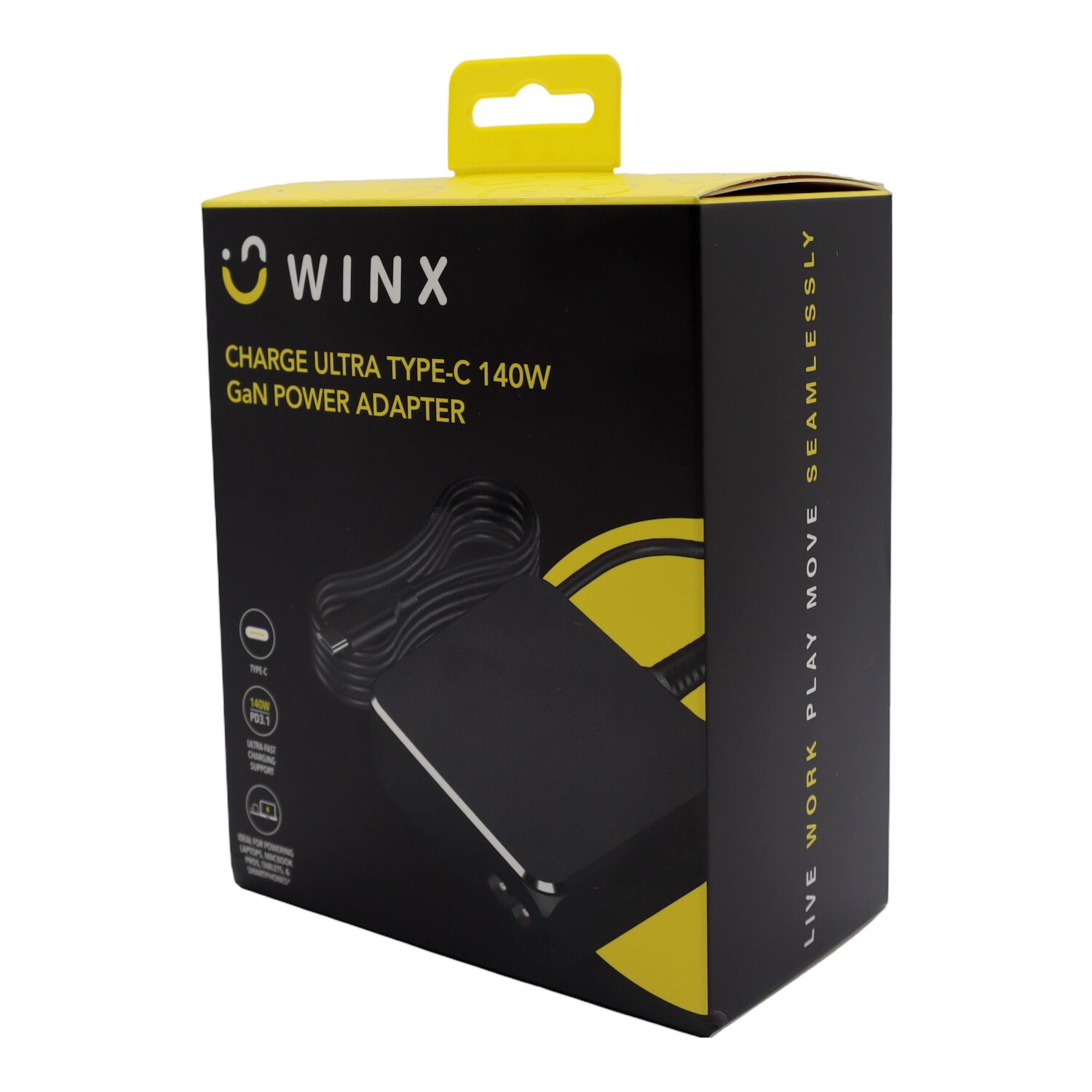 WINX power adapter packaging with black and yellow design on a white background