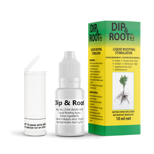 Dip & Root liquid rooting stimulator with bottle and packaging on a white background