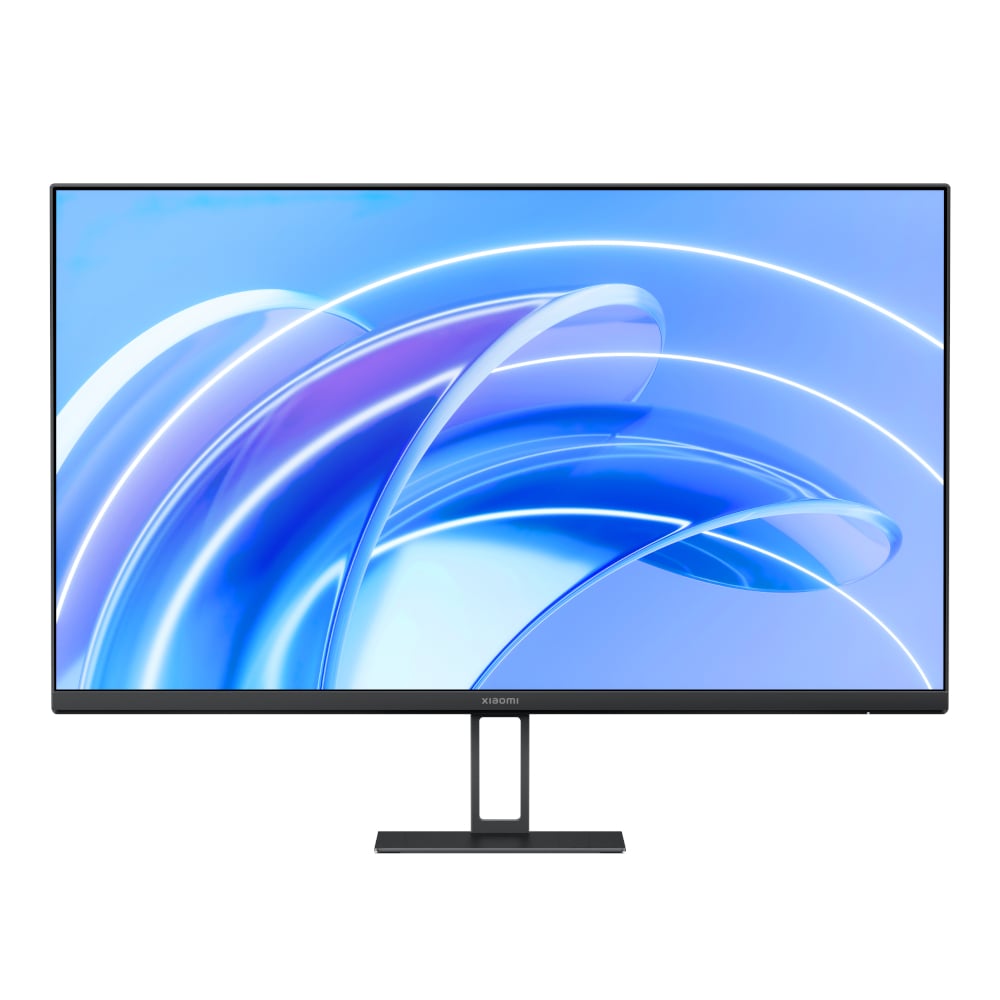 Xiaomi A27i FHD 27-inch IPS Monitor with a display showing a colorful graphical user interface on screen, placed on a simple stand.