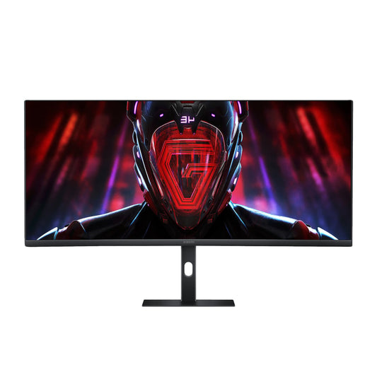 Xiaomi G34WQi 34-inch WQHD 180Hz curved gaming monitor with a display showing a cinematic image of a character in a red helmet.