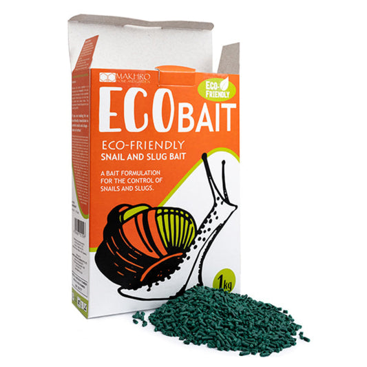 Eco-friendly snail and slug bait packaging with green granules on a white background