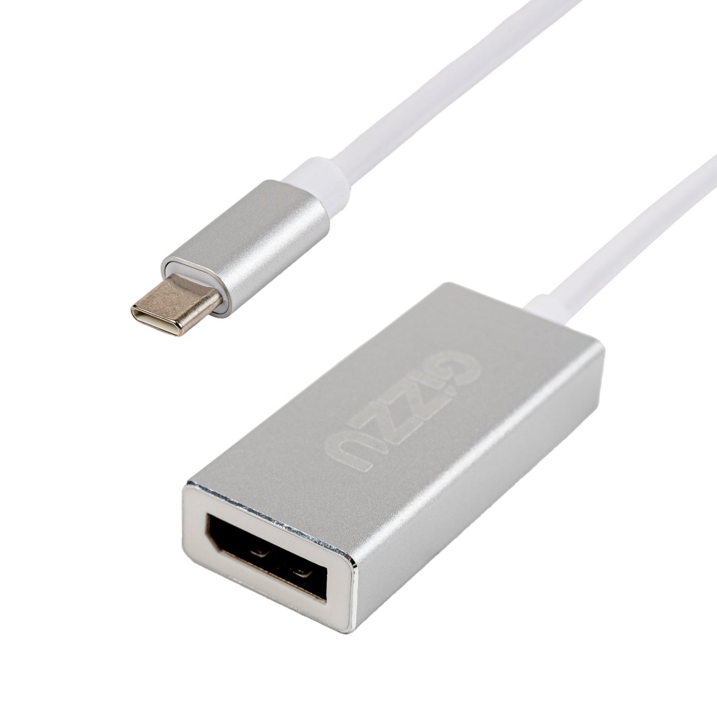 A silver Gizzu 4K Type-C to DisplayPort Adapter with gold-plated connectors and a white cable.