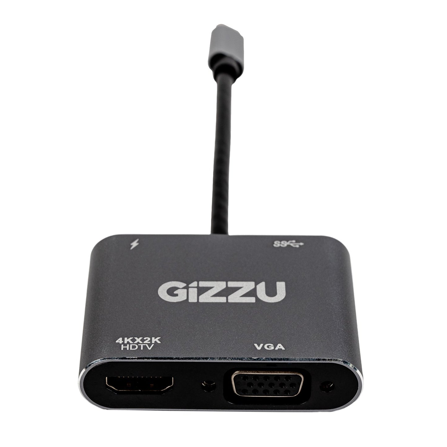 A black Gizzu 4-in-1 Type-C hub with HDMI, VGA, and USB3.0 ports, made of aluminum with a nickel-plated connector.