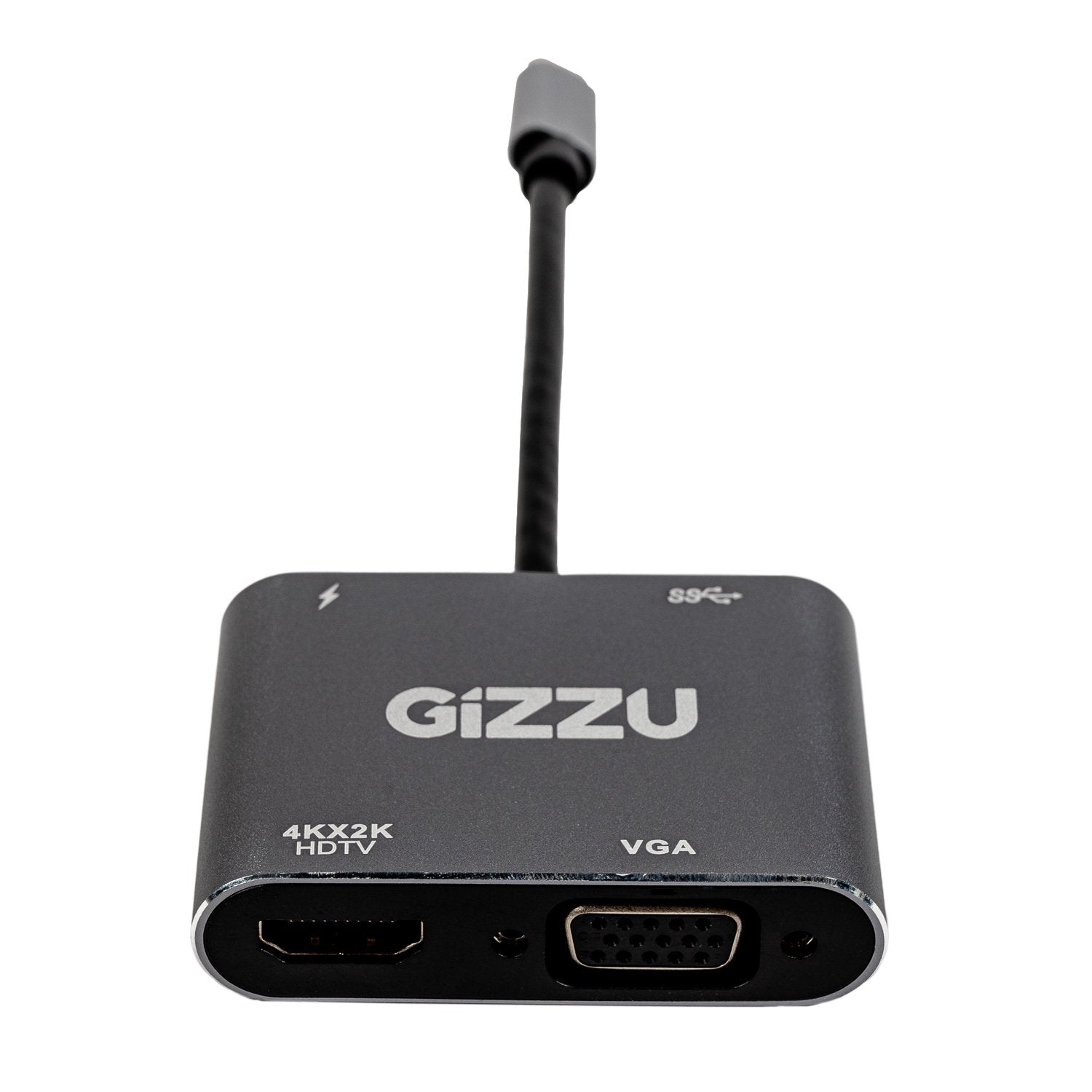 A black Gizzu 4-in-1 Type-C hub with HDMI, VGA, and USB3.0 ports, made of aluminum with a nickel-plated connector.