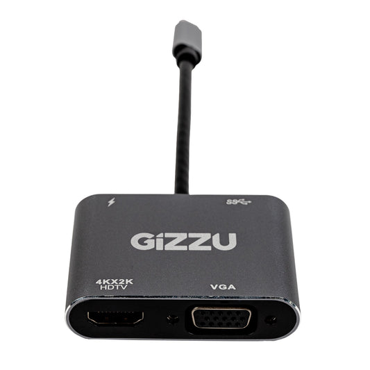 A black Gizzu 4-in-1 Type-C hub with HDMI, VGA, and USB3.0 ports, made of aluminum with a nickel-plated connector.