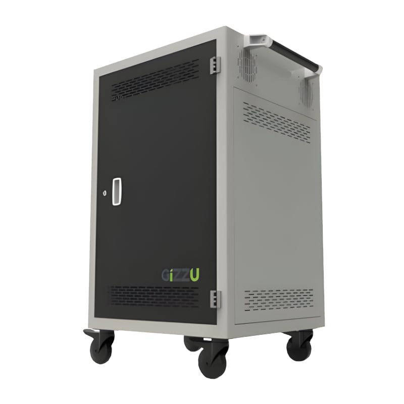 A gray Gizzu brand 36-bay charging trolley with four wheels, designed to store and charge laptops.