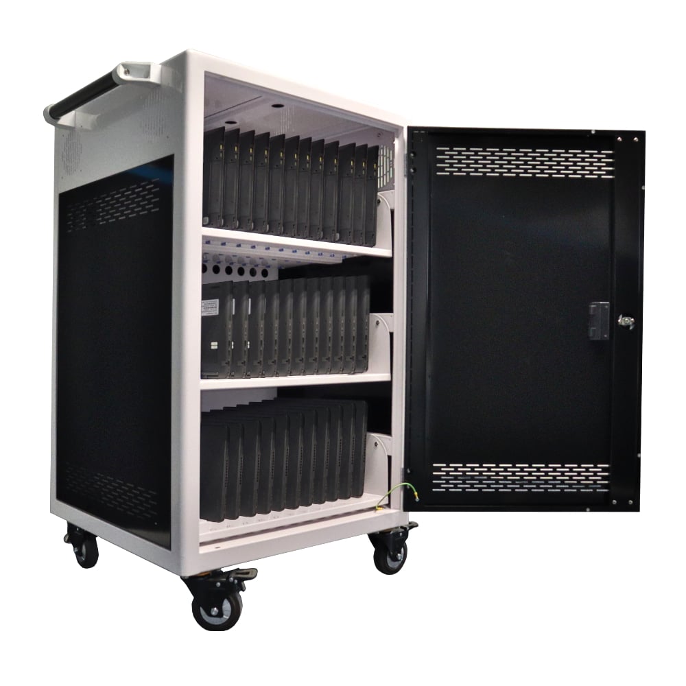 Mobile device charging cart with multiple slots on a white background