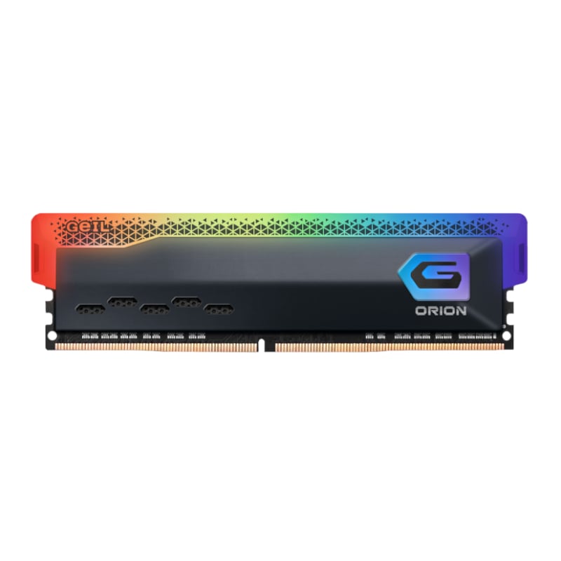 A GeIL Orion RGB 3600MHz DDR4 Desktop Gaming Memory module with a customizable RGB light strip on top.