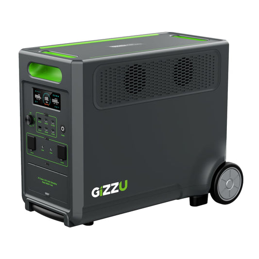A portable Gizzu Hero Ultra Plus UPS Power Station with black color and green accents, featuring multiple power outlets and a digital display.