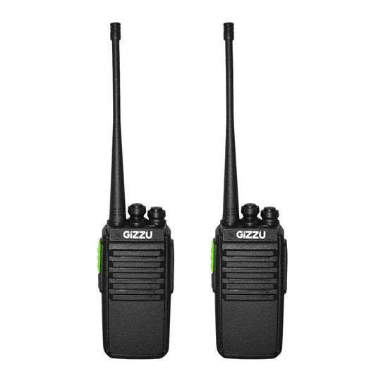 Two black Gizzu Patrol Walkie Talkie radios with antennas, belt clips, and carry handles.