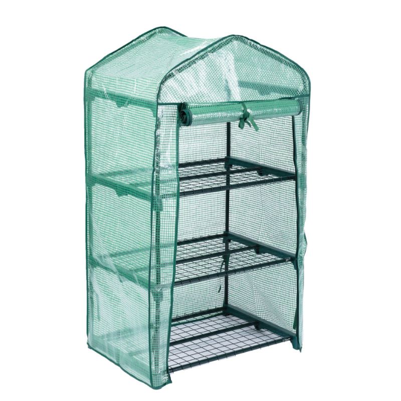 A three-tiered, green-framed greenhouse with a reinforced metal powder-coated tube frame, designed for cultivating plants, herbs, and vegetables.