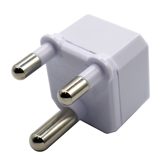 White plug with three metallic prongs on a white background