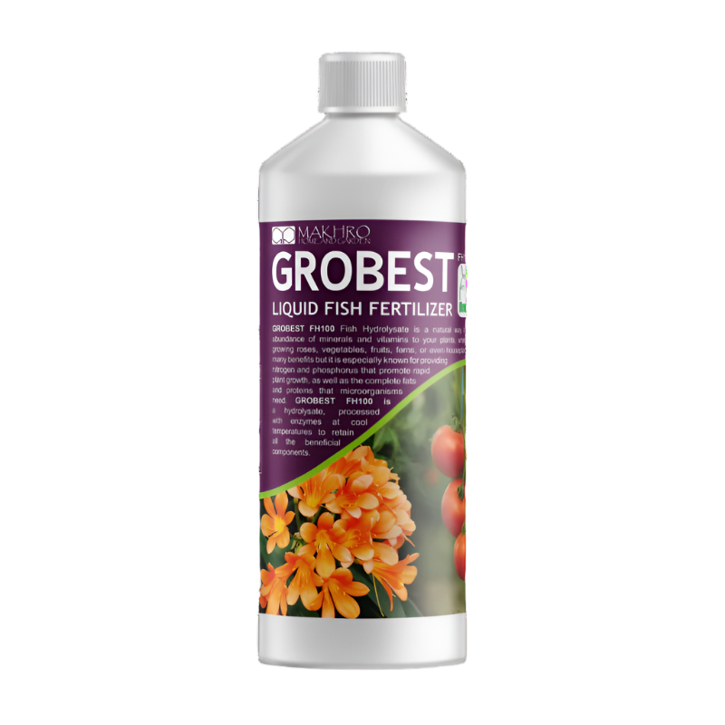 Bottle of Grobest liquid fish fertilizer on a white background