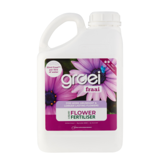 Groei Flower fertilizer container with purple flower design on a white background