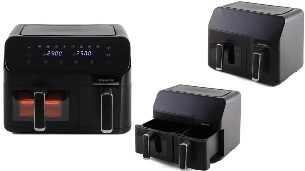 Black air fryer with digital display and components on a white background