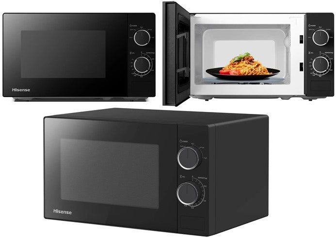 Black microwave oven with digital display and control knobs on a white background