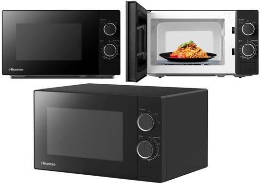 Black microwave oven with digital display and control knobs on a white background