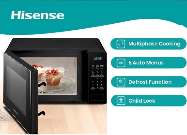 Hisense microwave oven with features listed on a teal and white background