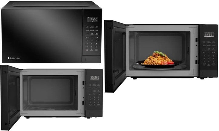 Black microwave oven with open door showing food inside on a white background