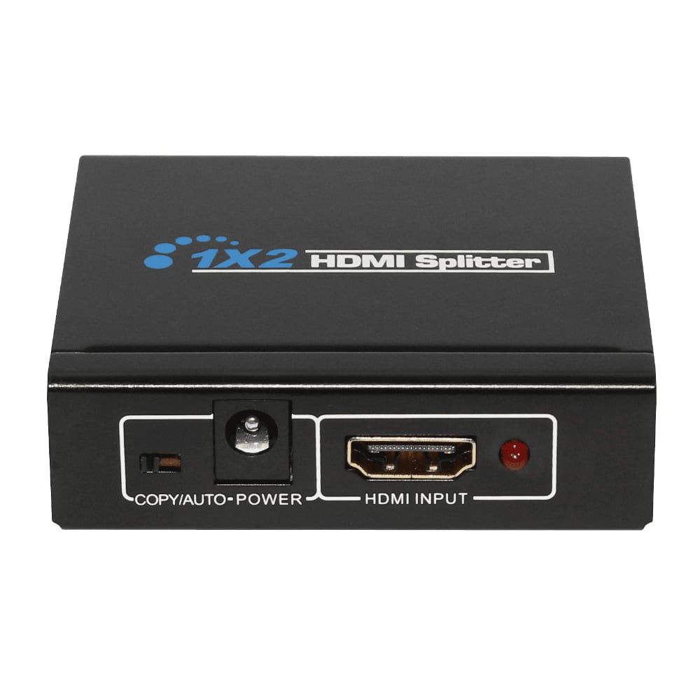 A black 2-Port HDMI Splitter with the text '2-HDMI Splitter' on top and an input port labeled 'Copy Auto Power' along with a red indicator light. It has two HDMI ports and a power input button.