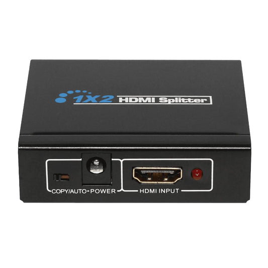 A black 2-Port HDMI Splitter with the text '2-HDMI Splitter' on top and an input port labeled 'Copy Auto Power' along with a red indicator light. It has two HDMI ports and a power input button.