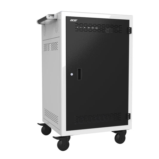 Acer server rack on wheels with black door on a white background