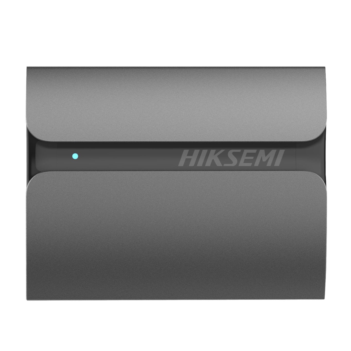 A gray Hiksemi T300S Shield Type-C Portable SSD with a blue LED indicator, made of aluminum alloy, designed for compact and portable storage.