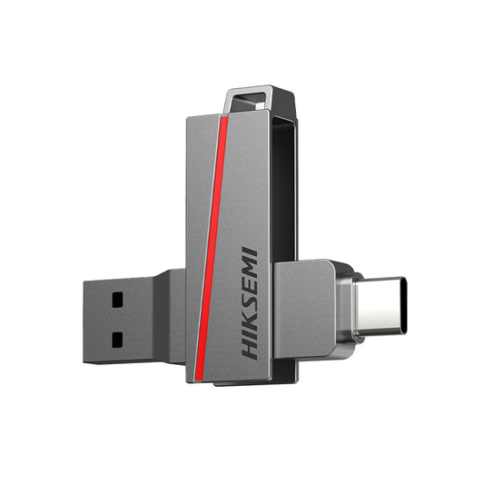 A Hiksemi Dual Slim series USB 3.2 flash drive with a gray body and a red accent strip.