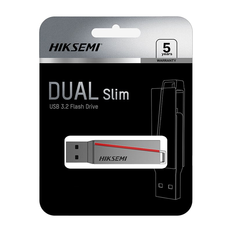 Hiksemi dual slim USB 3.2 flash drive packaging on a white background