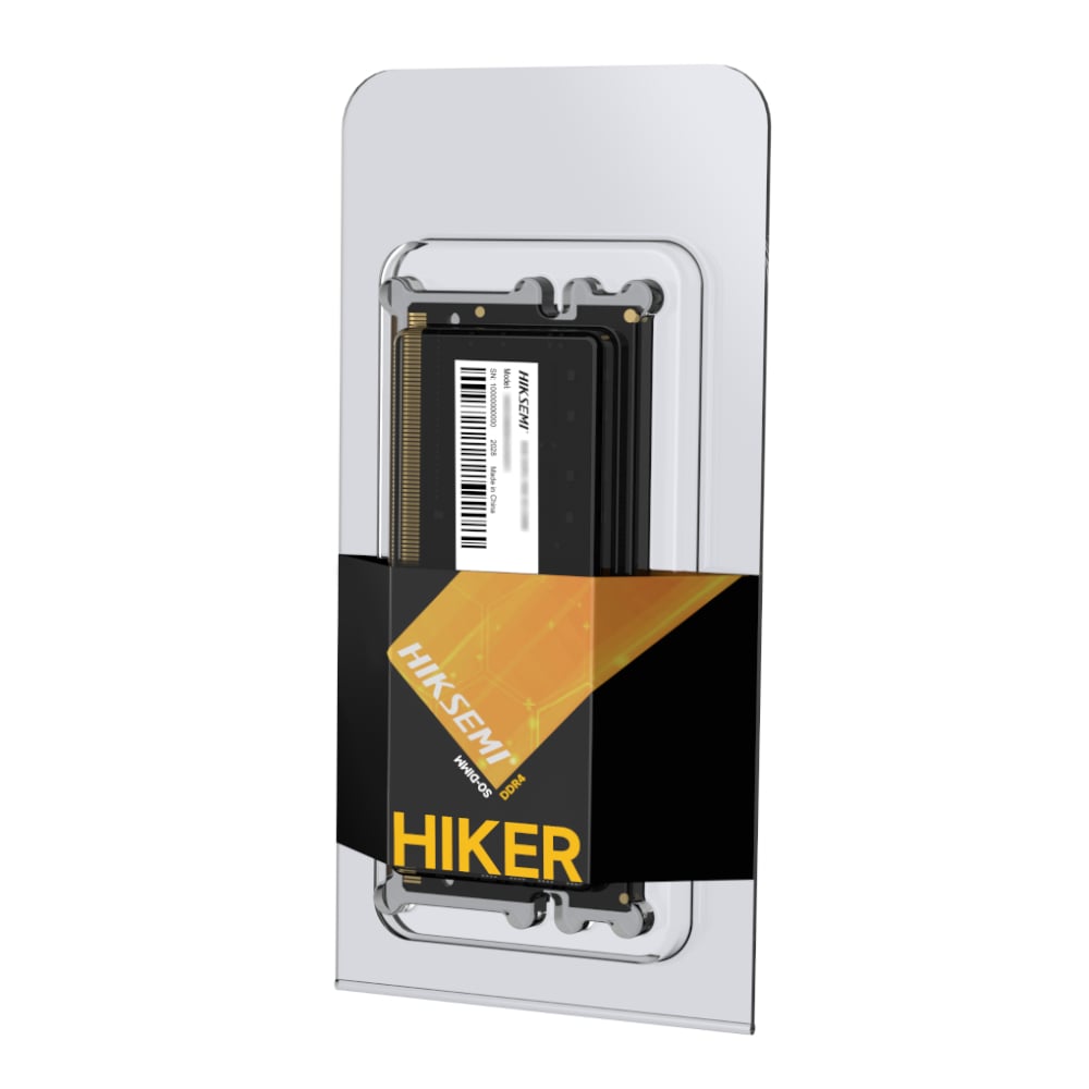 Computer memory module in clear packaging with 'Hiker' branding on a white background