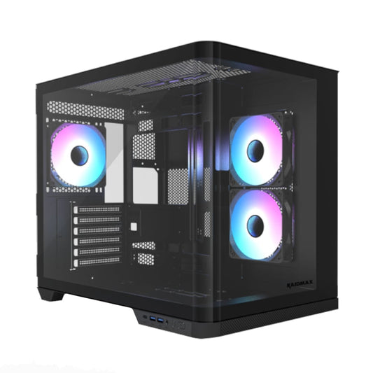 A black Raidmax I630 ATX mid-tower gaming chassis with ARGB fans visible through a transparent side panel.