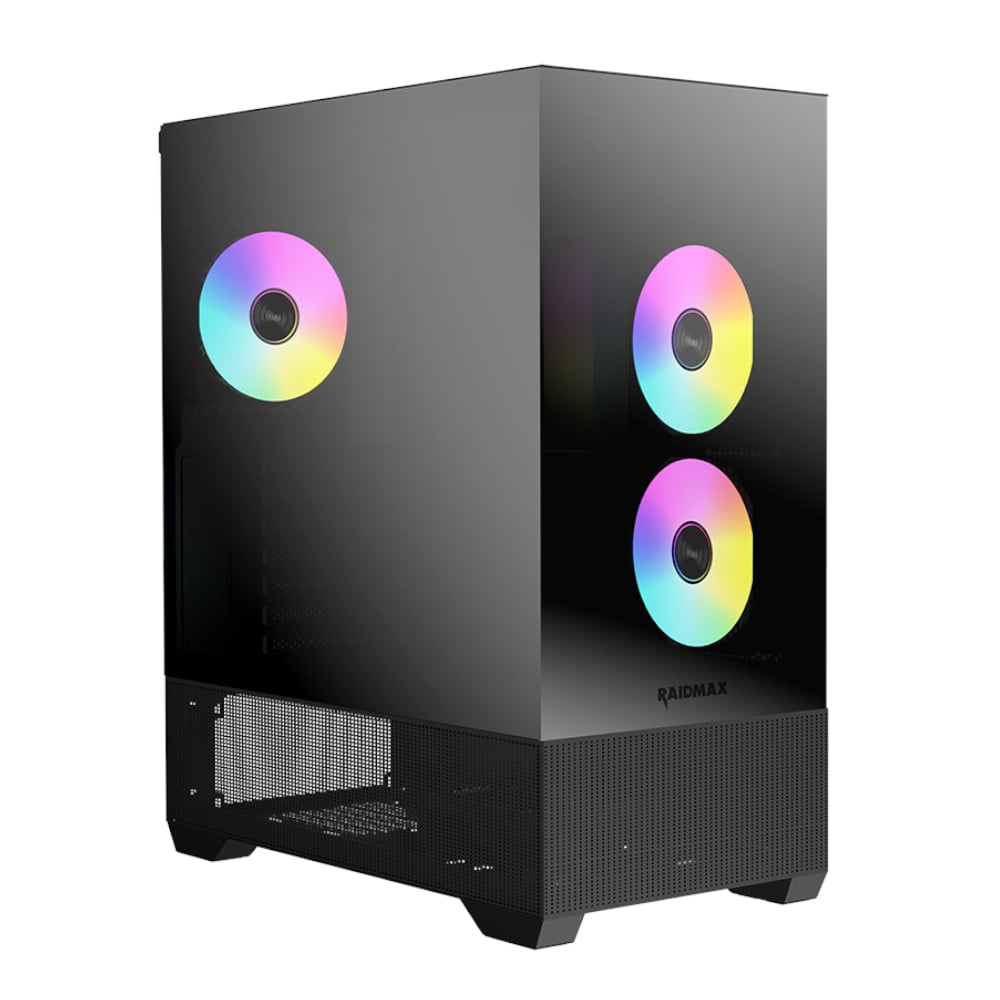 A black Raidmax I801 AIR CHROME mid-tower gaming chassis with ARGB lighting on the front and side panels.