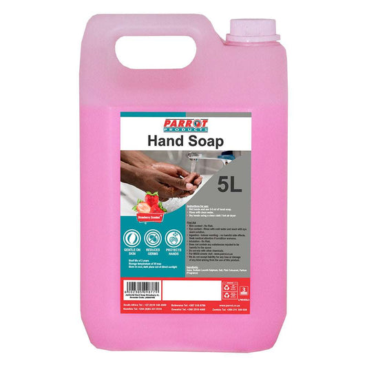 Pink hand soap container with a label on a white background