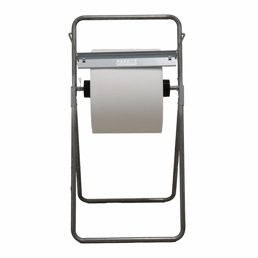 Metal paper towel holder with a roll of paper towels on a white background