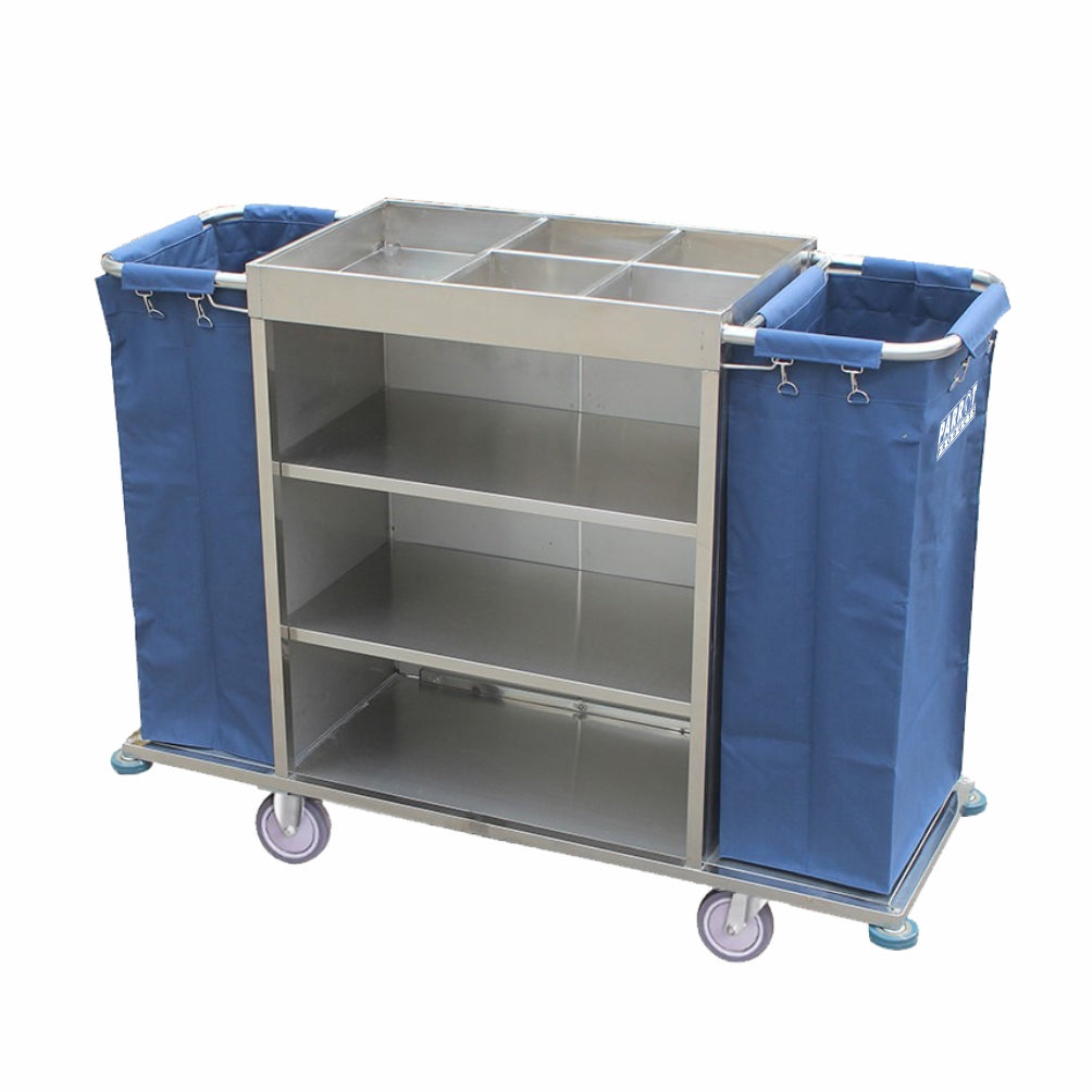 Parrot Janitorial Stainless Steel Hotel Housekeeping Trolley with blue bags on a white background